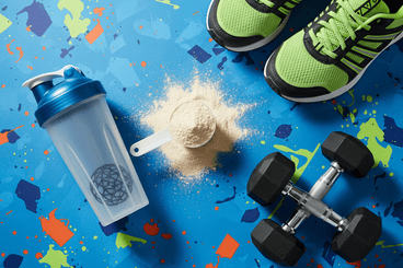 Protein powder for athletes cover image with training gear.
