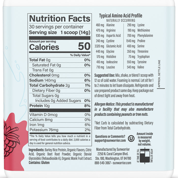The nutritional facts of CLEAR Protein drink powder by Sunwarrior.