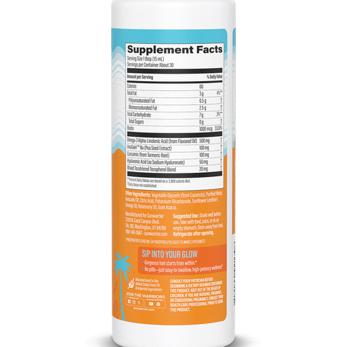 Supplement facts and ingredients label on a white bottle with orange and blue accents.