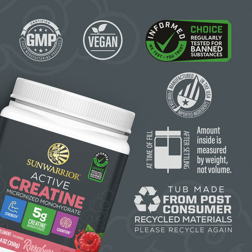 Sunwarrior Active Creatine container with certification icons for vegan, GMP, tested, and recycled materials label