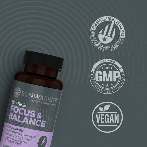 Brown supplement bottle labeled "Sunwarrior Active Performance Daytime Focus & Balance" alongside icons indicating made in the USA, GMP certified, and vegan.