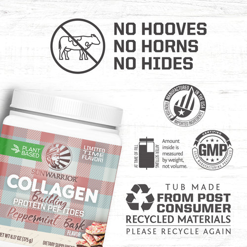 Collagen supplement jar with peppermint bark flavor and labels highlighting plant-based, recyclable, and quality certifications.