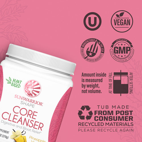 White container of plant-based digestive cleanser on pink background with vegan and recycling icons
