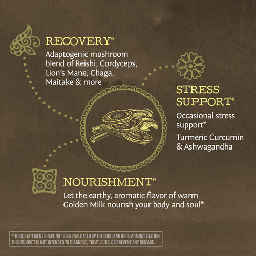 Diagram showing adaptogenic mushroom blend for recovery, stress support with turmeric and ashwa, and nourishment from golden milk