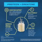 Creamy vanilla shake in glass jar with straws surrounded by protein and creatine benefits text on blue background