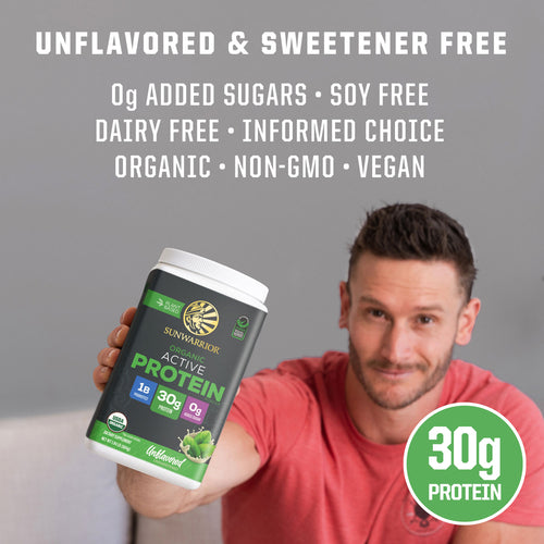 Man holding container of Sunwarrior organic active plant-based protein powder with nutrition details visible