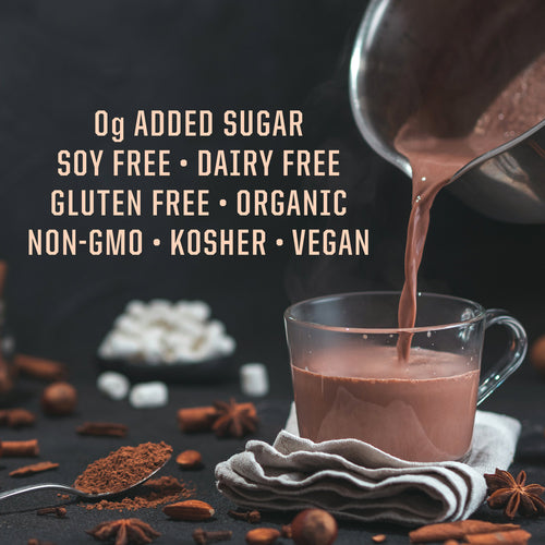 Hot chocolate being poured into a glass mug with health benefits text on a dark background