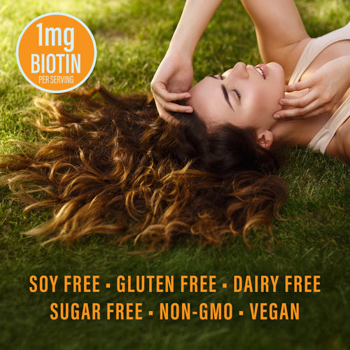 Woman lying on grass with long hair spread out and wellness claims displayed on image
