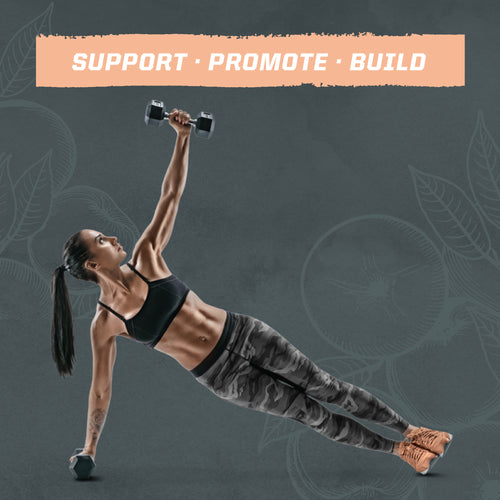 Fit woman in sportswear holding dumbbells in a side plank pose under "Support Promote Build" text banner.