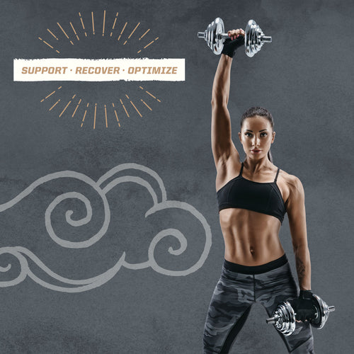 Fit woman lifting dumbbells with "Support Recover Optimize" text and stylized cloud on gray background