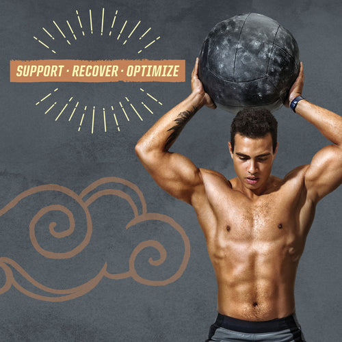 Muscular man lifting heavy medicine ball overhead with text "Support Recover Optimize" nearby