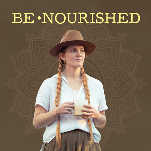 Woman with long braids and hat holding a creamy beverage with "BE NOURISHED" text above her