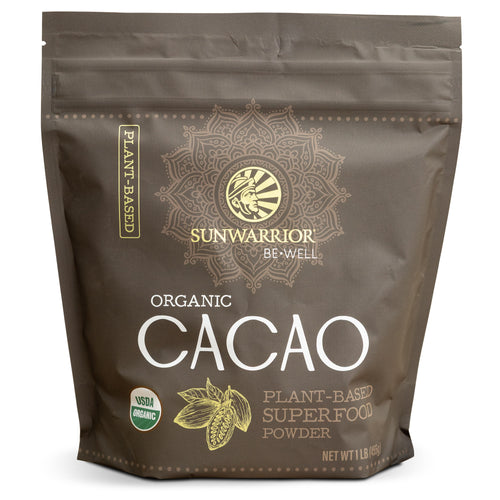 Sunwarrior Organic Cacao powder packaging on a white background