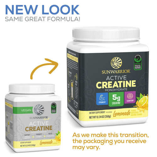 New and old Sunwarrior Active Creatine lemonade flavored supplement containers with product benefits and branding visible