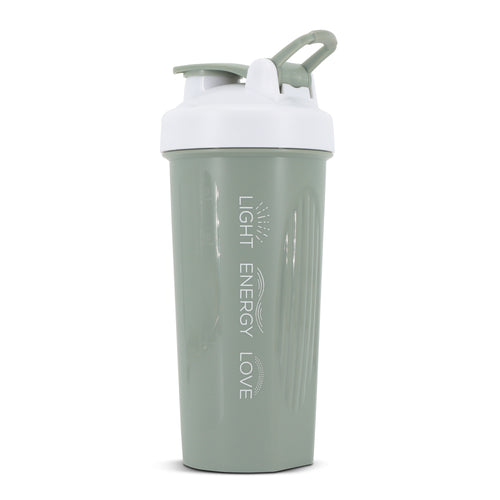 Green protein shaker bottle with white lid and text "Light Energy Love" on side
