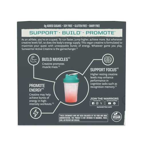 Back panel of a supplement box displaying benefits of creatine including building muscles, promoting energy, and supporting focus, with a graphic of a shaker bottle and vegan certification.