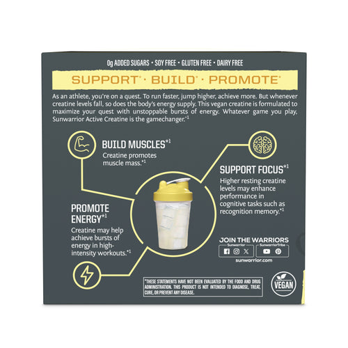 Back of a supplement box highlighting benefits of vegan creatine for muscle building, energy, and cognitive focus.