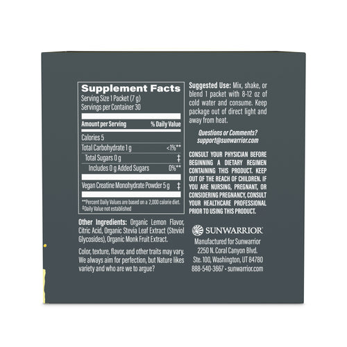 Supplement facts and suggested use on a Sunwarrior creatine monohydrate powder package with dosage and ingredient details.