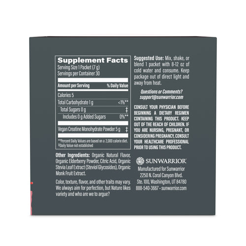 Sunwarrior Active Creatine Raspberry Supplement facts label on a dark gray background 