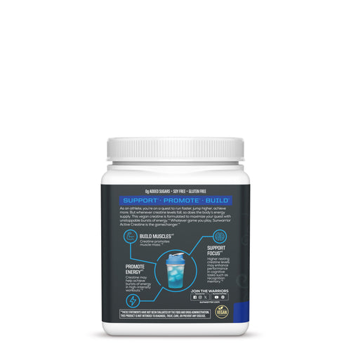 White supplement container with a detailed label describing creatine benefits for muscle and energy support