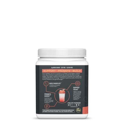 White container with a black label detailing creatine benefits and usage instructions on a white background