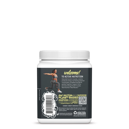 Back view of a nutrition supplement container with text, a barcode, and an athletic woman exercising graphic.