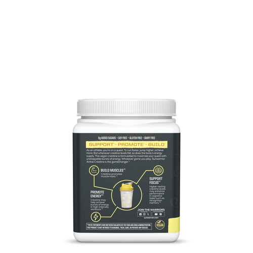 White container with black label showing creatine benefits and usage instructions for muscle support and energy.