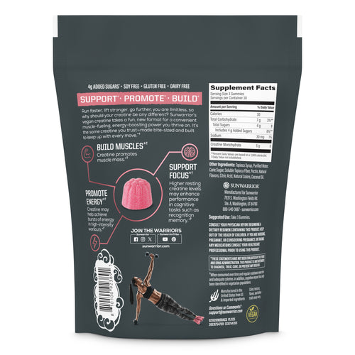 Back of black supplement pouch with product benefits, suggested use, and nutrition facts panel.