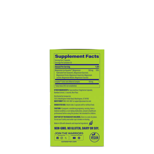 Supplement facts label USA Active Performance Magnesium Multiplex 60ct on a green background