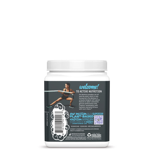 Back of white container with fitness image and detailed text about active plant-based nutrition powder
