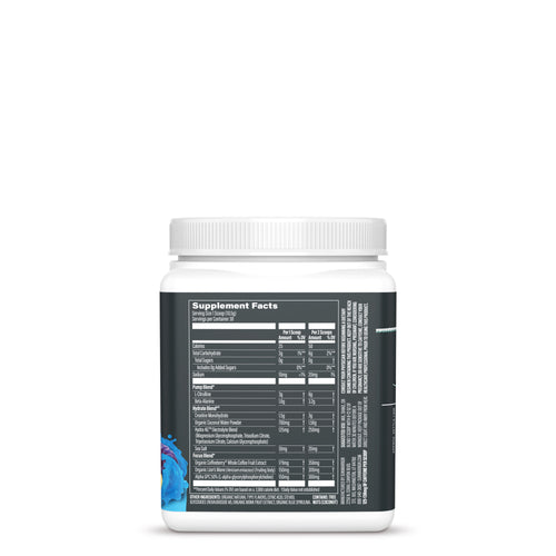 White container with a nutrition facts label and a dark background, featuring a small blue graphic design.