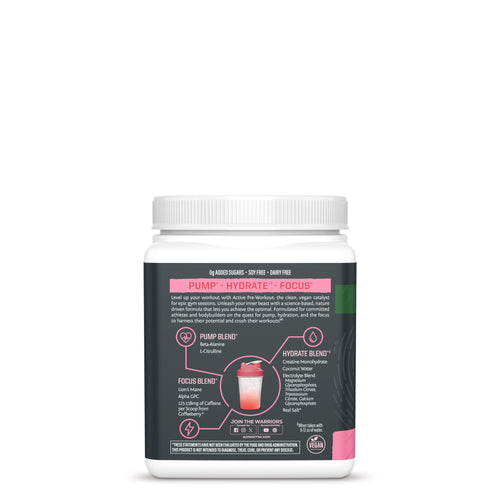 Back label of a white supplement jar detailing pump, hydrate, and focus blends with a shaker cup image.