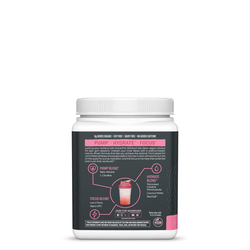 Container with label showing supplement details and benefits for workout support including pump blend, hydrate blend, and focus blend with key ingredients listed, designed for energy and hydration.