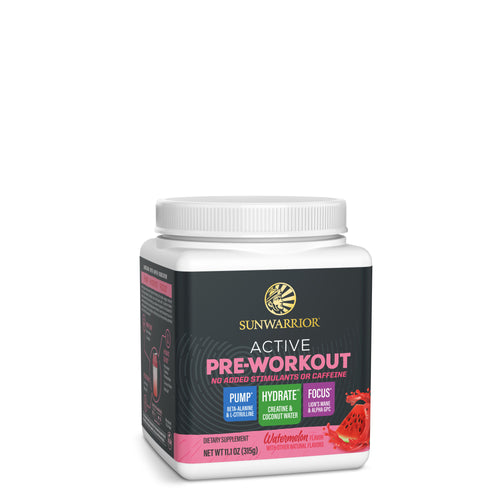 A white container of Sunwarrior Active Pre-Workout powder with watermelon flavor, labeled as stimulant-free and designed to support pump, hydration, and focus.
