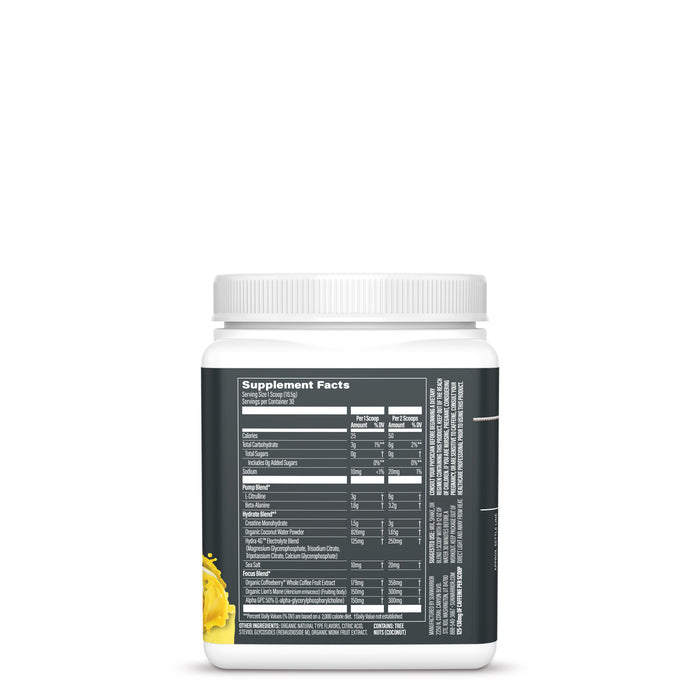 White container with a detailed supplement facts label and a small yellow graphic on the side