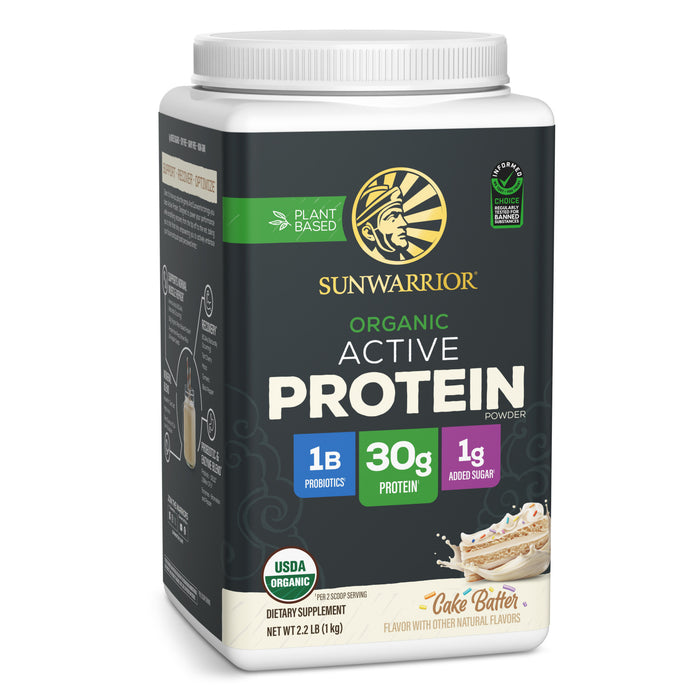 Container of Sunwarrior organic active plant-based protein powder with cake batter flavor and nutrition info