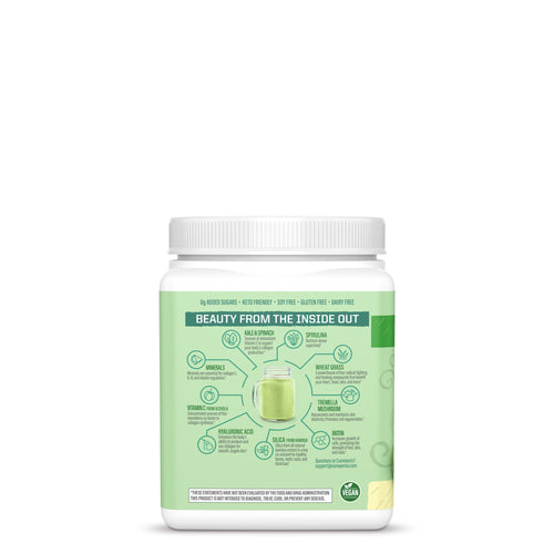 Container with green label detailing ingredients and benefits of a plant-based wellness powder blend.