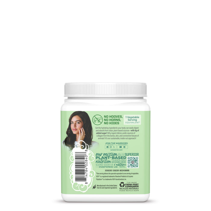 Back view of plant-based health supplement container with green label and woman’s photo on it