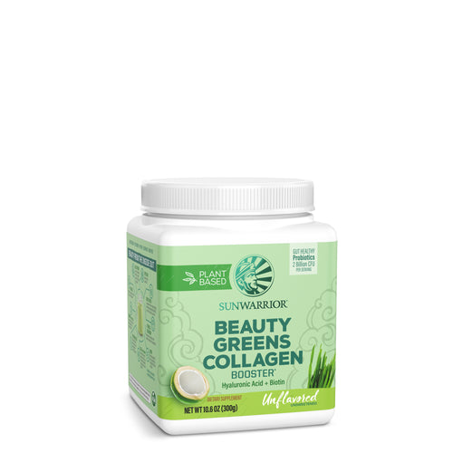 Sunwarrior Beauty Greens Collagen Booster supplement container with plant-based label and unflavored text