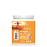 Container with orange label showing a yoga pose at sunset and text about plant-based nutrition and amino acids.