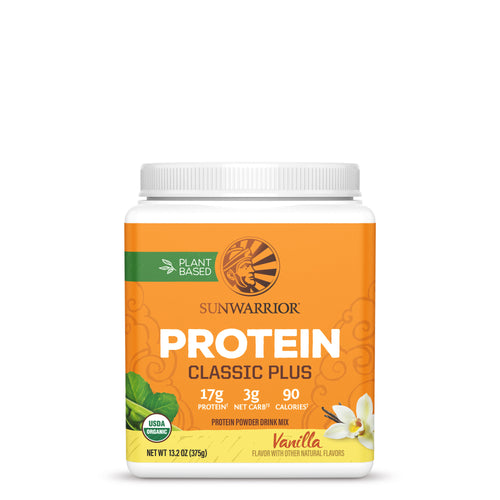 Container of Sunwarrior plant-based vanilla protein powder with nutrition facts on orange label