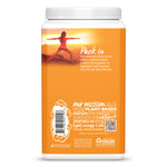 Orange container with a person doing yoga at sunset and text about plant-based nutrition and essential amino acids