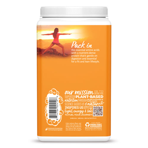 Orange container with a person doing yoga at sunset and text about plant-based nutrition and essential amino acids