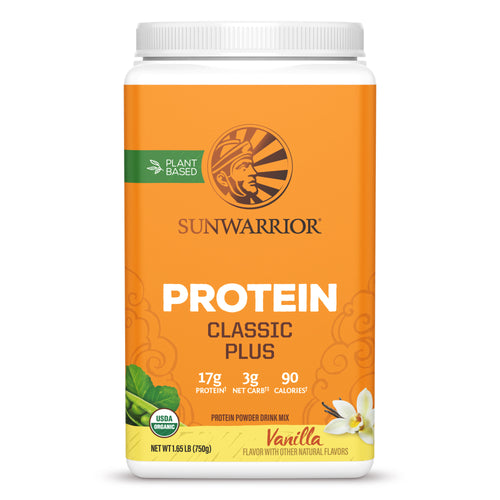Orange container of Sunwarrior plant-based vanilla protein powder with nutrition highlights and logo visible