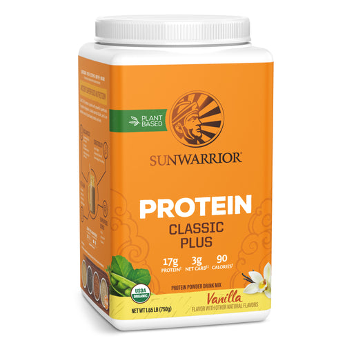 Orange container of Sunwarrior Classic Plus vanilla plant-based protein powder with nutrition info visible