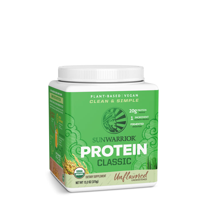 Sunwarrior Classic plant-based vegan protein powder container, unflavored and unsweetened label
