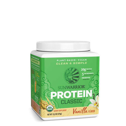 Sunwarrior vanilla plant-based vegan protein powder container with green and beige label design