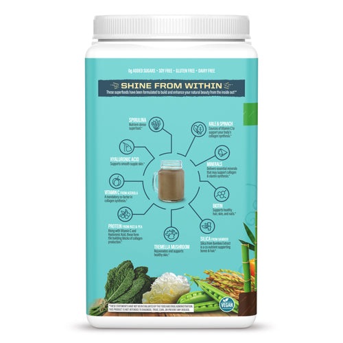 Back of a turquoise container with health ingredients and wellness benefits descriptions for a vegan supplement powder.