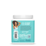 Back label of a turquoise container with collagen supplement details and a smiling woman image