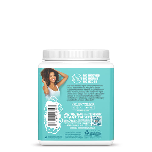 Back label of a blue container showing collagen powder details, barcode, and a smiling woman with curly hair